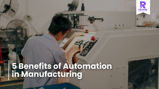 A factory worker operating a CNC machine, with text overlaying the image that reads: 5 Benefits of Automation in Manufacturing.