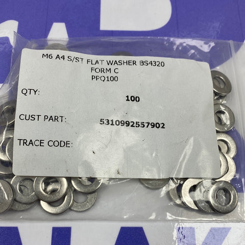 M6 A4 S/ST FLAT WASHER BS4320 FORM C PPQ100