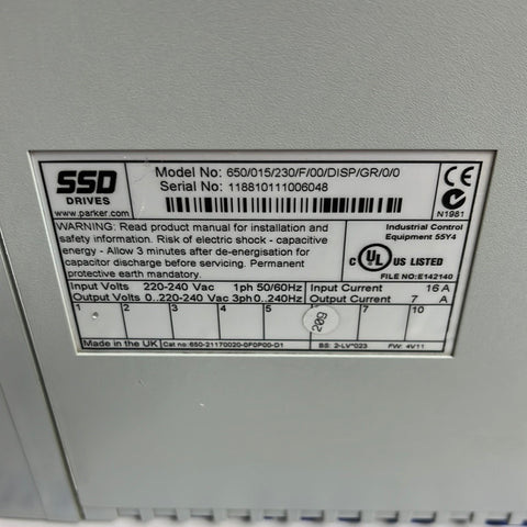 PARKER SSD DRIVES 650/015/230/F/00/DISP/GR/0/0