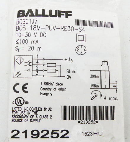 BALLUFF BOS 18M-PUV-RE30-S4