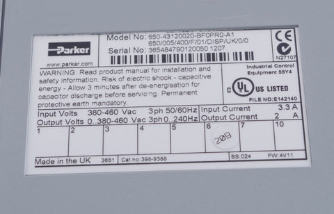 PARKER SSD DRIVES 650/005/400/F/01/DISP/UK/0/0