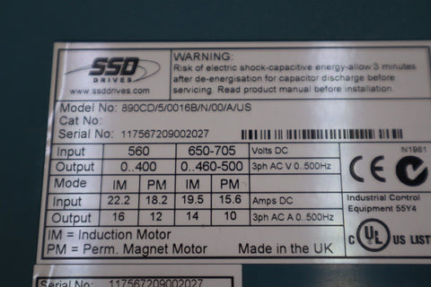 PARKER SSD DRIVES 890CD/5/0016B/N/00/A/US