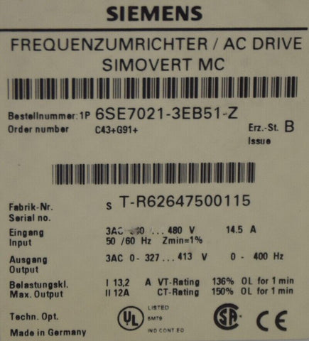 SIEMENS 6SE7021-3EB51-Z C43+G91