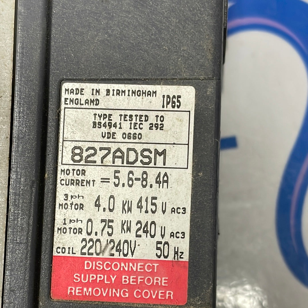 827ADMS IP 65 BS4941 IEC 292 VDE 0880  827ADSM  240/240V  50Hz