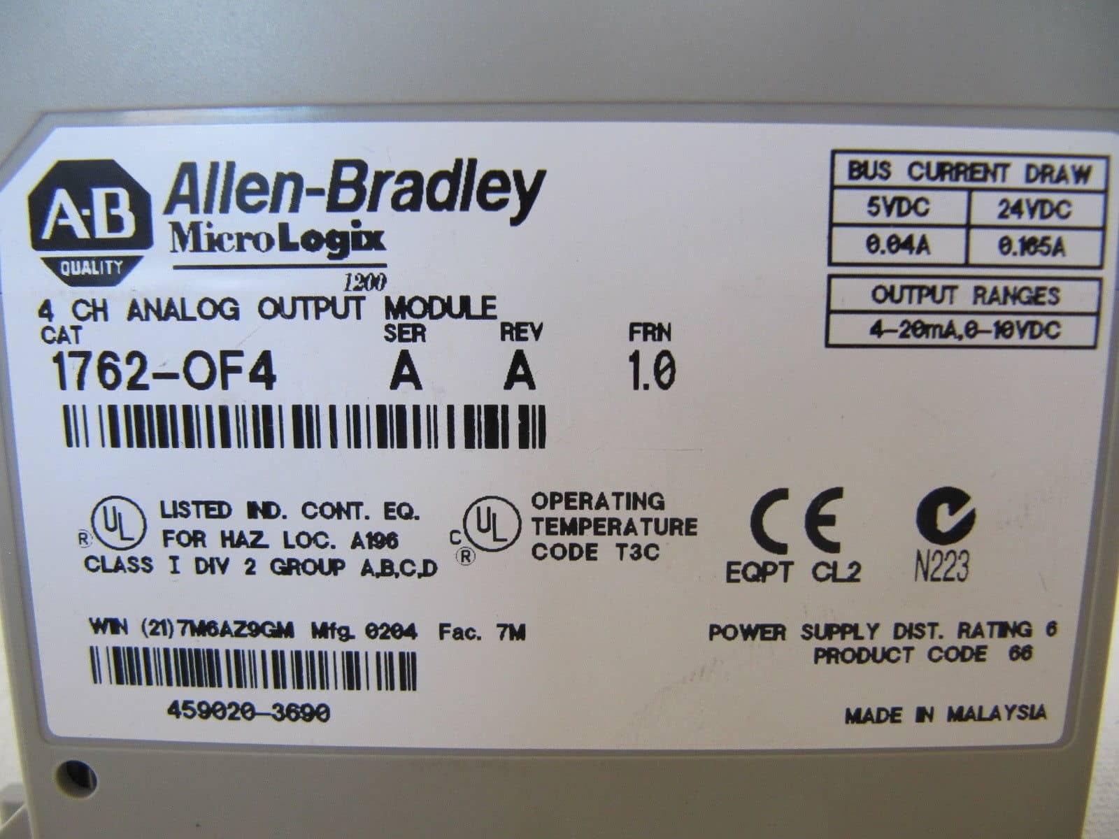 1762-0F4 ALLEN BRADLEY ANALOG OUTPUT MODULE 4 CH-0